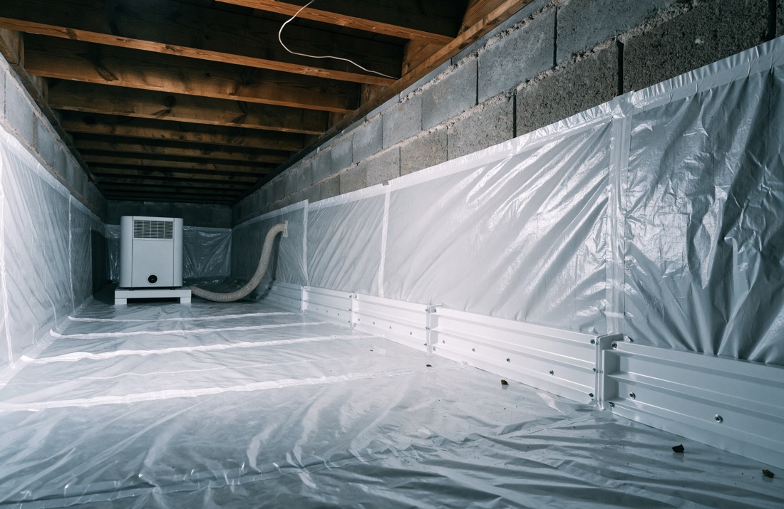A crawl space liner with taped seams running up to a sealed termination at the foundation wall, with a dehumidifier running nearby